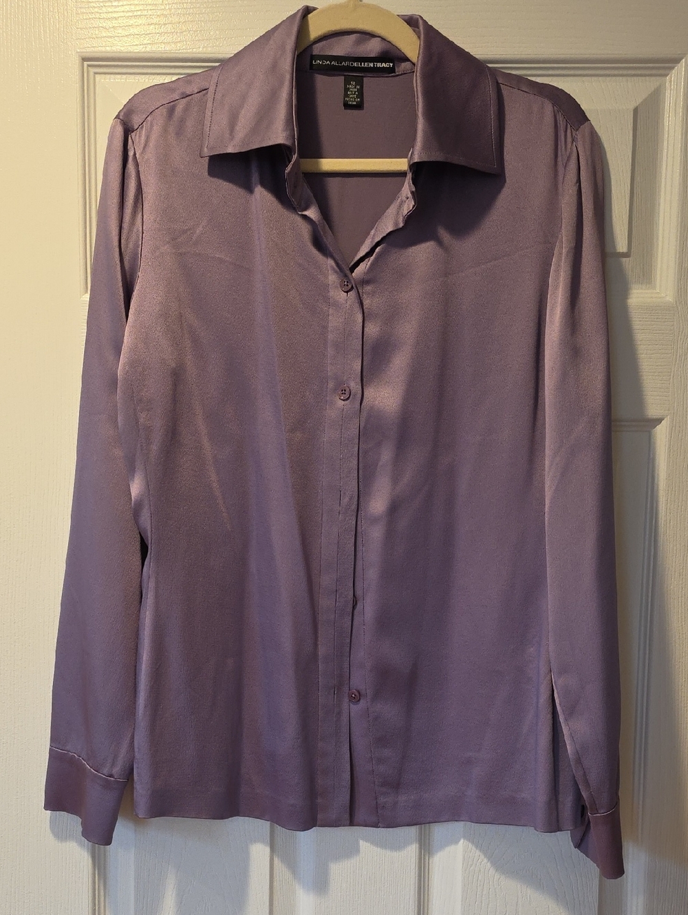 Linda Allard Ellen Tracy Lavender Purple Silk Button-Front Blouse, Size 12
